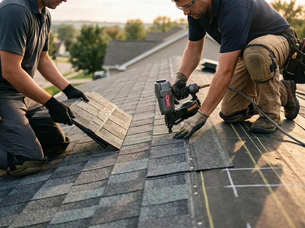 Professional roofer working on a residential roof in Charles City